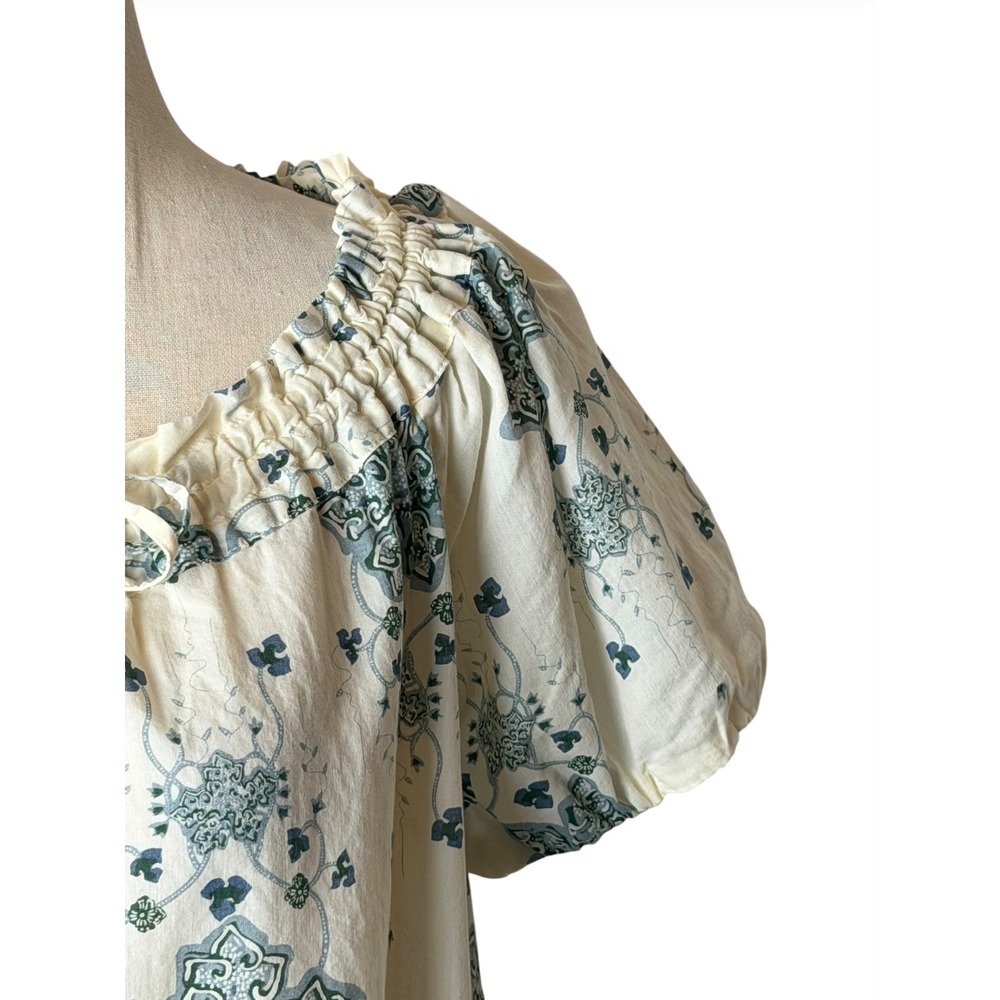 Patagonia Blouse Women XL Ivory Blue Organic Cotton Floral Puff Sleeve Boho - Picture 6 of 11
